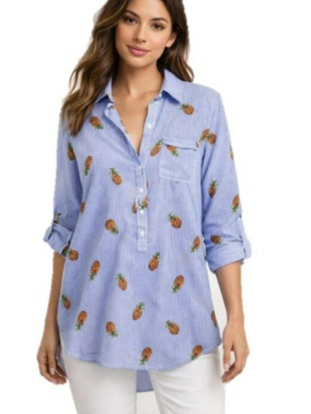Live 4 Truth Women's Blouse Size Medium Blue White Striped Pineapple Flowy Long